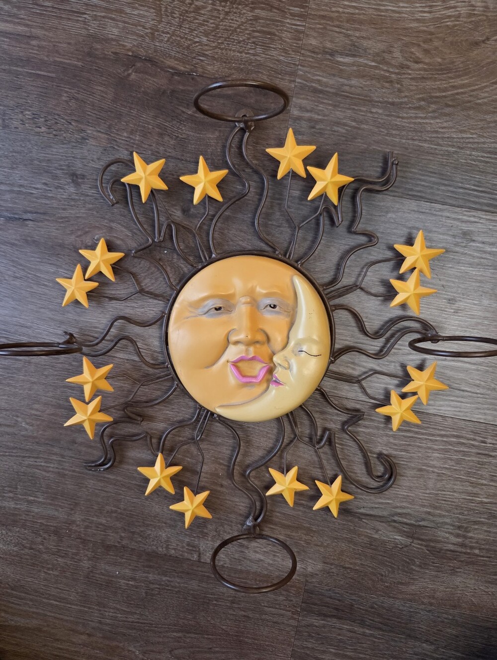 Celestial Sun and Moon Tea Light Metal Wall Hanging Decor with Stars